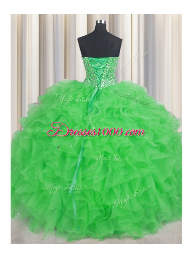 Fine Visible Boning Sleeveless Floor Length Beading and Ruffles Lace Up 15 Quinceanera Dress with Green