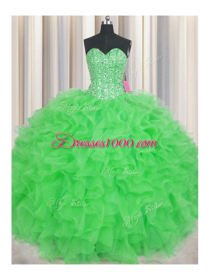 Fine Visible Boning Sleeveless Floor Length Beading and Ruffles Lace Up 15 Quinceanera Dress with Green