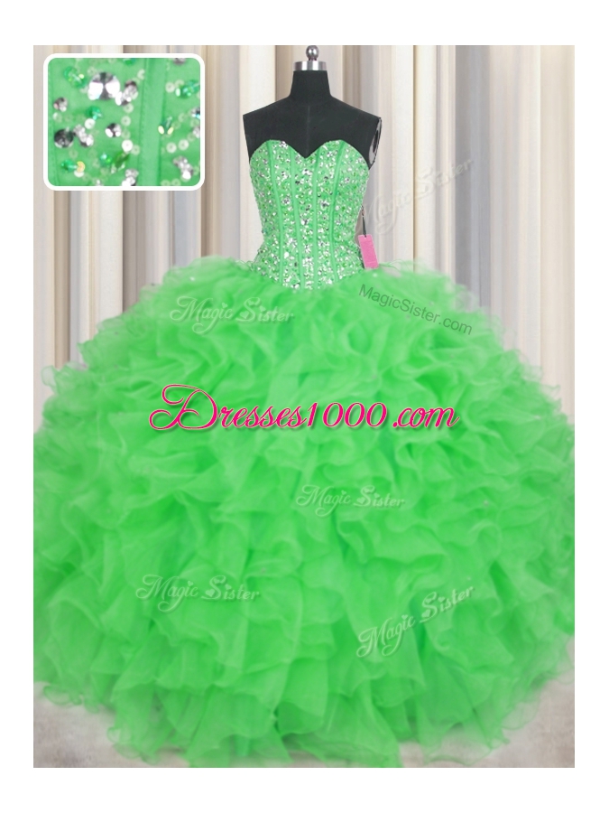 Fine Visible Boning Sleeveless Floor Length Beading and Ruffles Lace Up 15 Quinceanera Dress with Green