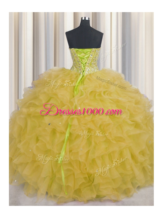 Flirting Visible Boning Floor Length Lace Up Sweet 16 Dress Yellow and In for Military Ball and Sweet 16 and Quinceanera with Beading and Ruffles and Sashes|ribbons