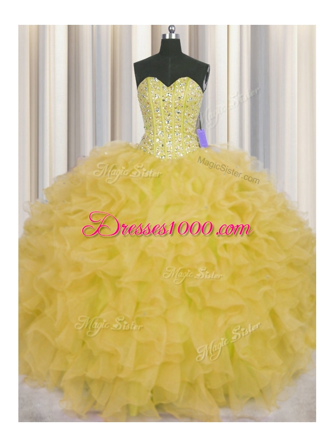 Flirting Visible Boning Floor Length Lace Up Sweet 16 Dress Yellow and In for Military Ball and Sweet 16 and Quinceanera with Beading and Ruffles and Sashes|ribbons