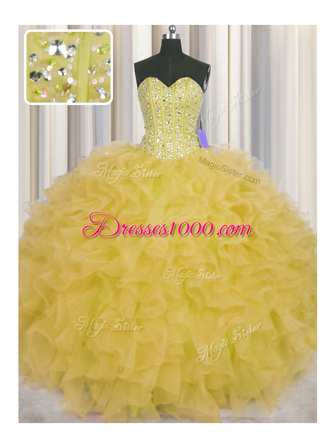 Flirting Visible Boning Floor Length Lace Up Sweet 16 Dress Yellow and In for Military Ball and Sweet 16 and Quinceanera with Beading and Ruffles and Sashes|ribbons