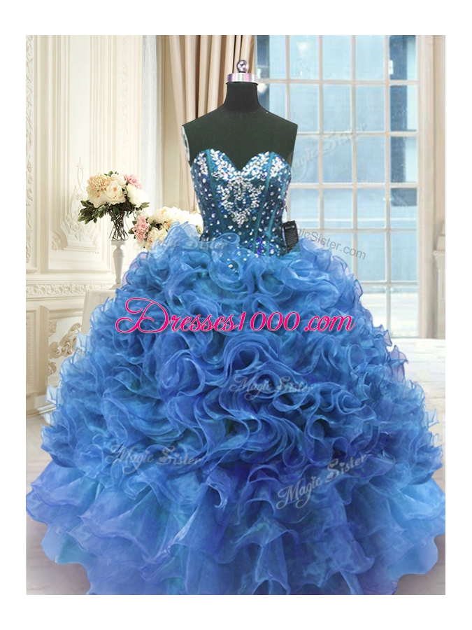 Glamorous Ball Gowns Quinceanera Dresses Blue Sweetheart Organza Sleeveless Floor Length Lace Up