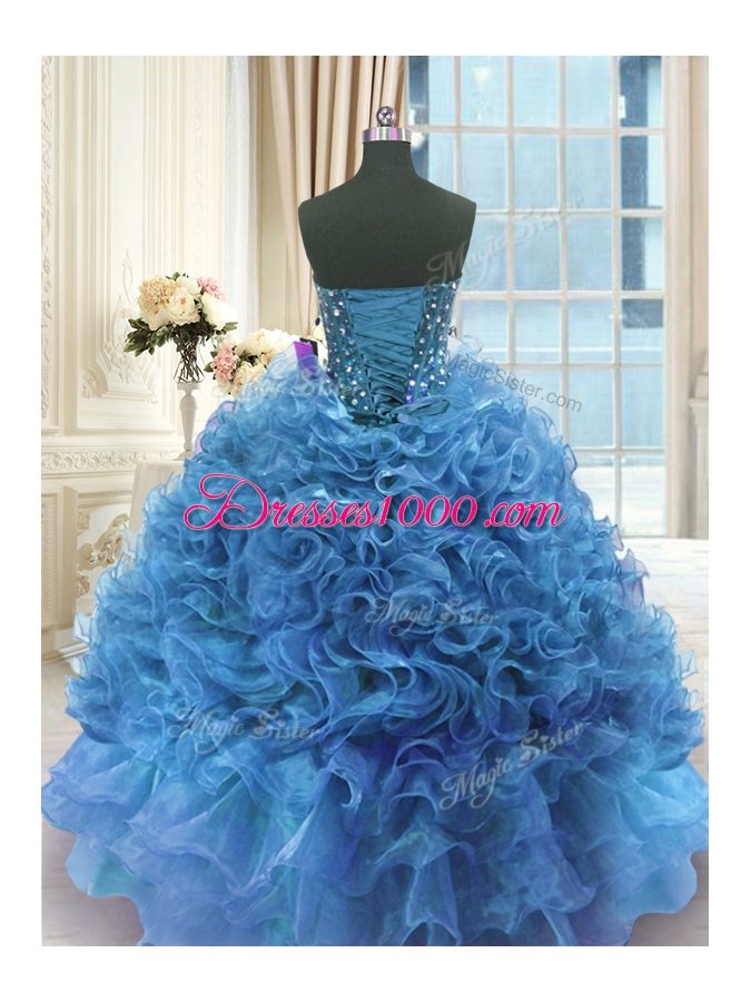 Glamorous Ball Gowns Quinceanera Dresses Blue Sweetheart Organza Sleeveless Floor Length Lace Up
