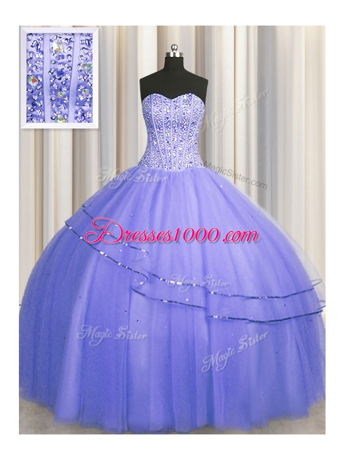 Hot Selling Visible Boning Puffy Skirt Purple Sleeveless Tulle Lace Up Quinceanera Gown for Military Ball and Sweet 16 and Quinceanera