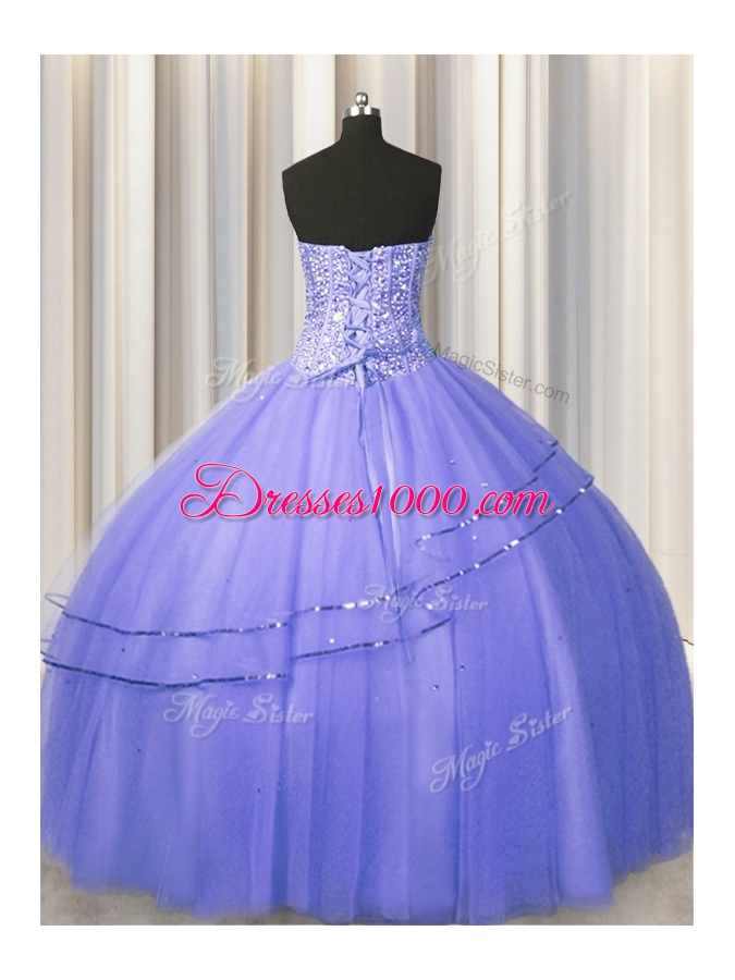 Hot Selling Visible Boning Puffy Skirt Purple Sleeveless Tulle Lace Up Quinceanera Gown for Military Ball and Sweet 16 and Quinceanera