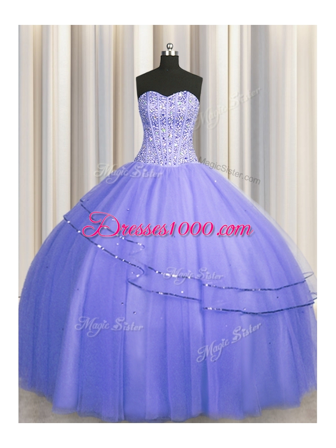 Hot Selling Visible Boning Puffy Skirt Purple Sleeveless Tulle Lace Up Quinceanera Gown for Military Ball and Sweet 16 and Quinceanera