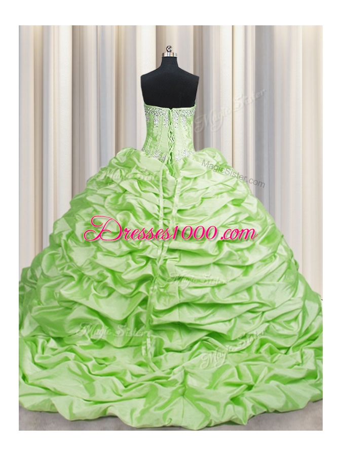 Romantic Pick Ups Brush Train Yellow Green Vestidos de Quinceanera Sweetheart Sleeveless Sweep Train Lace Up
