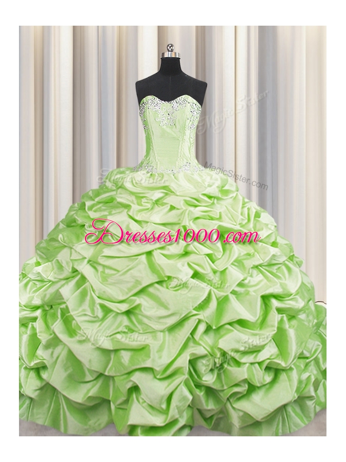 Romantic Pick Ups Brush Train Yellow Green Vestidos de Quinceanera Sweetheart Sleeveless Sweep Train Lace Up
