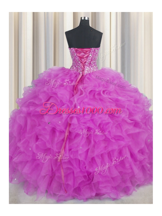 Spectacular Visible Boning Fuchsia Sleeveless Beading and Ruffles Floor Length Ball Gown Prom Dress