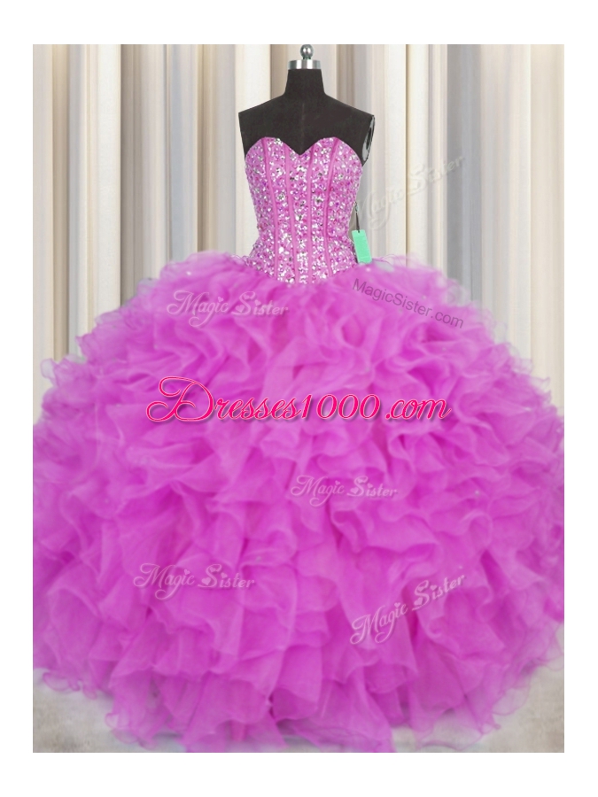 Spectacular Visible Boning Fuchsia Sleeveless Beading and Ruffles Floor Length Ball Gown Prom Dress