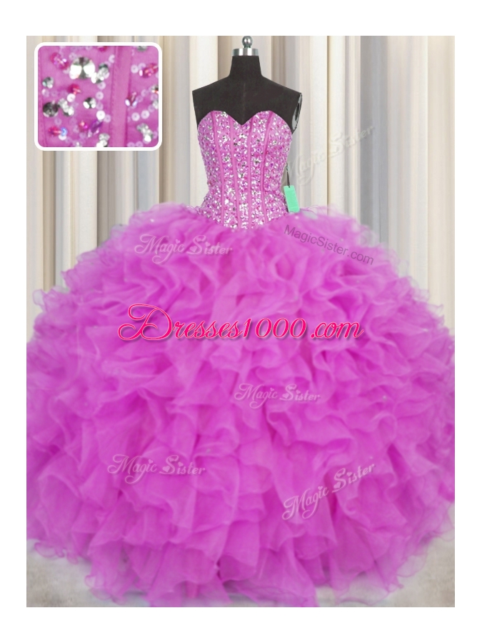 Spectacular Visible Boning Fuchsia Sleeveless Beading and Ruffles Floor Length Ball Gown Prom Dress