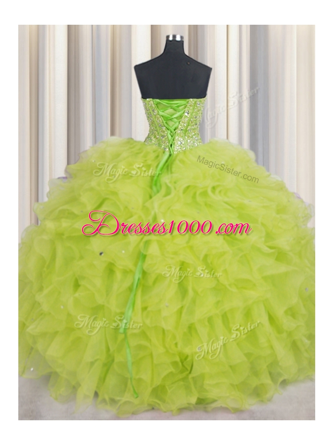Super Visible Boning Yellow Green Ball Gowns Beading and Ruffles Quinceanera Dress Lace Up Organza Sleeveless Floor Length