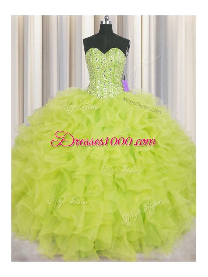 Super Visible Boning Yellow Green Ball Gowns Beading and Ruffles Quinceanera Dress Lace Up Organza Sleeveless Floor Length