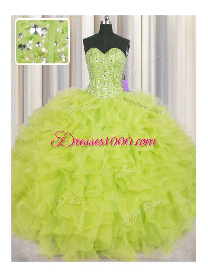 Super Visible Boning Yellow Green Ball Gowns Beading and Ruffles Quinceanera Dress Lace Up Organza Sleeveless Floor Length