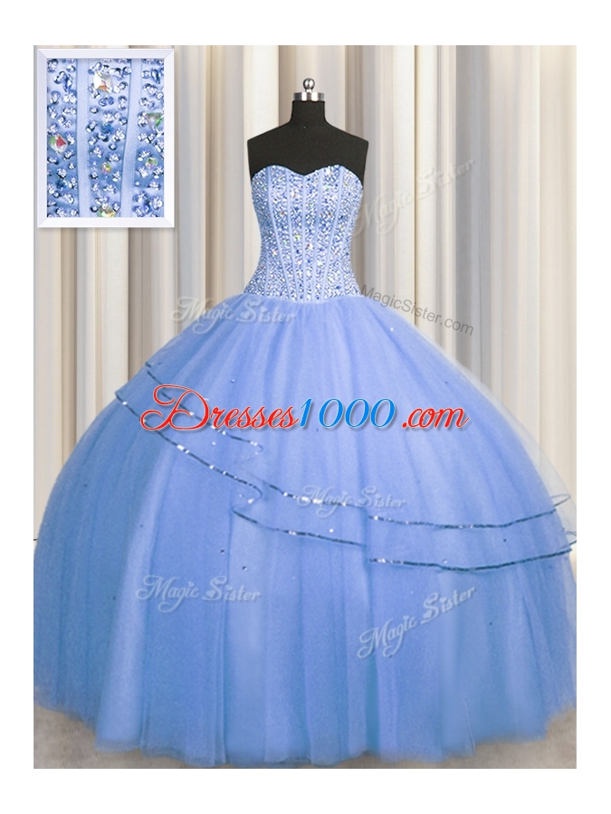 Visible Boning Big Puffy Blue Lace Up Sweetheart Beading Sweet 16 Dresses Tulle Sleeveless