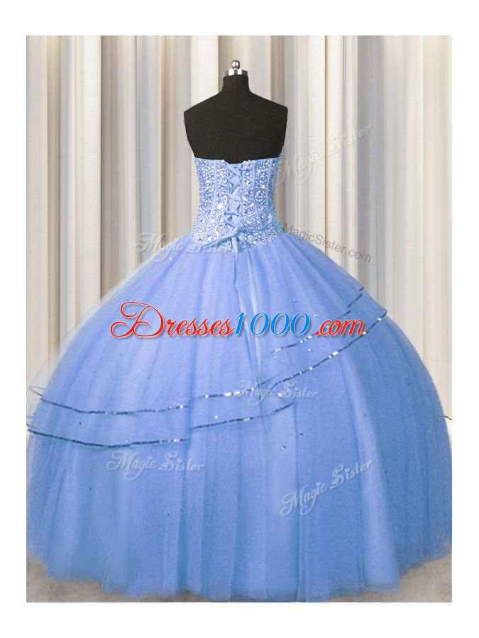 Visible Boning Big Puffy Blue Lace Up Sweetheart Beading Sweet 16 Dresses Tulle Sleeveless