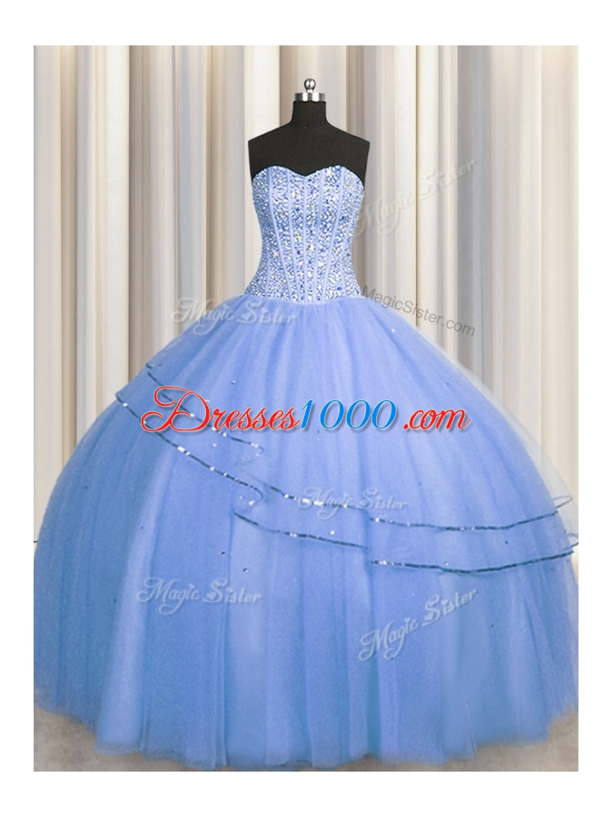 Visible Boning Big Puffy Blue Lace Up Sweetheart Beading Sweet 16 Dresses Tulle Sleeveless