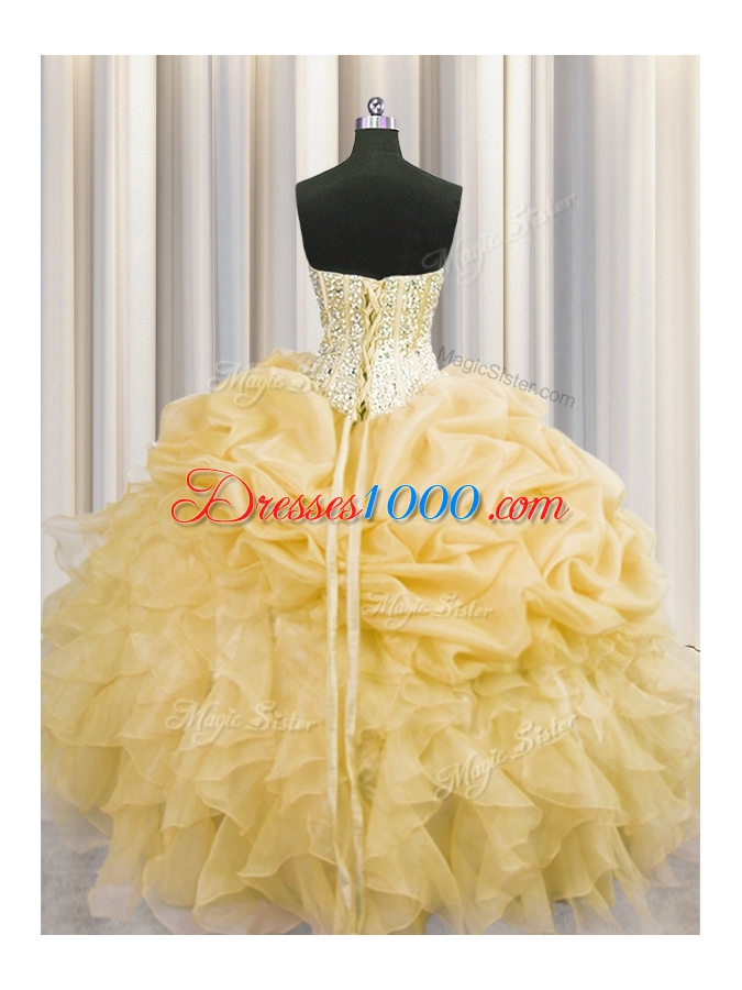 Visible Boning Organza Sleeveless Floor Length Quinceanera Dress and Beading and Ruffles