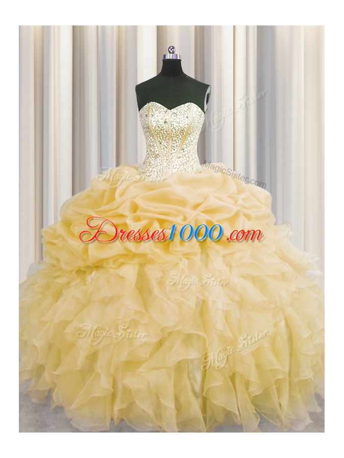 Visible Boning Organza Sleeveless Floor Length Quinceanera Dress and Beading and Ruffles