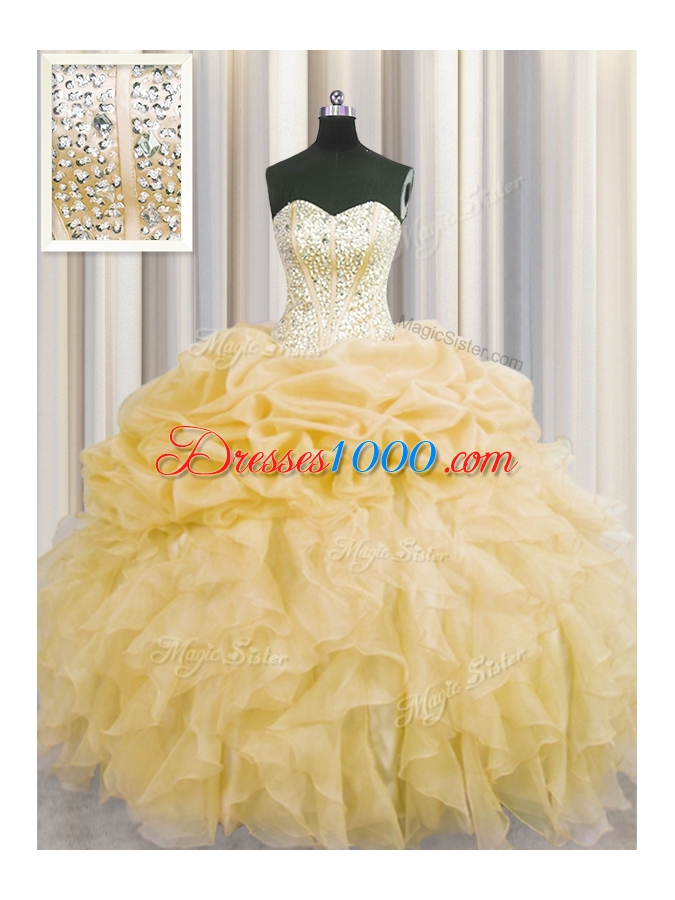 Visible Boning Organza Sleeveless Floor Length Quinceanera Dress and Beading and Ruffles