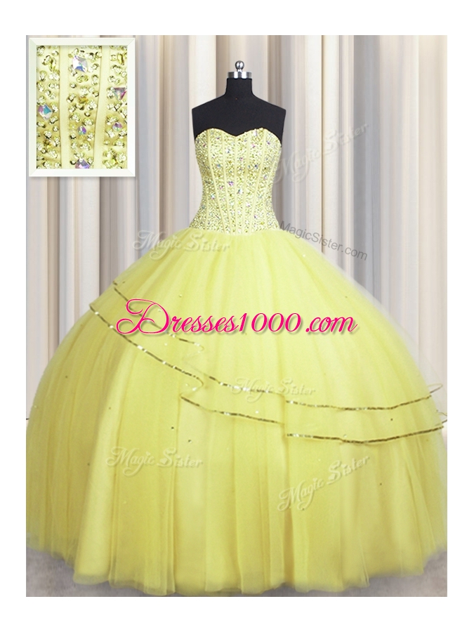 Visible Boning Really Puffy Sweetheart Sleeveless Lace Up Quinceanera Dress Light Yellow Tulle
