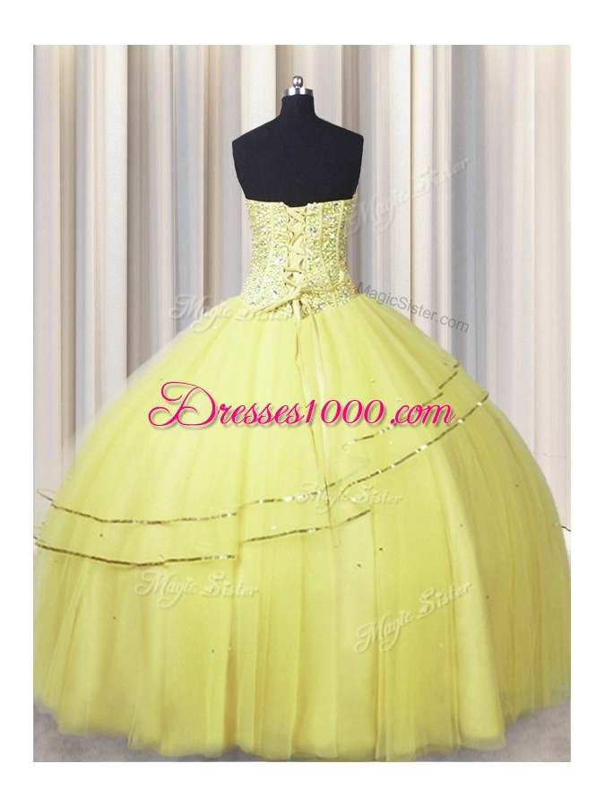 Visible Boning Really Puffy Sweetheart Sleeveless Lace Up Quinceanera Dress Light Yellow Tulle