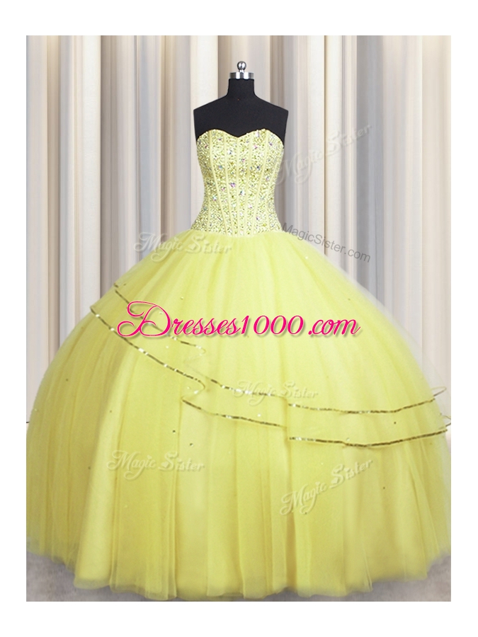 Visible Boning Really Puffy Sweetheart Sleeveless Lace Up Quinceanera Dress Light Yellow Tulle