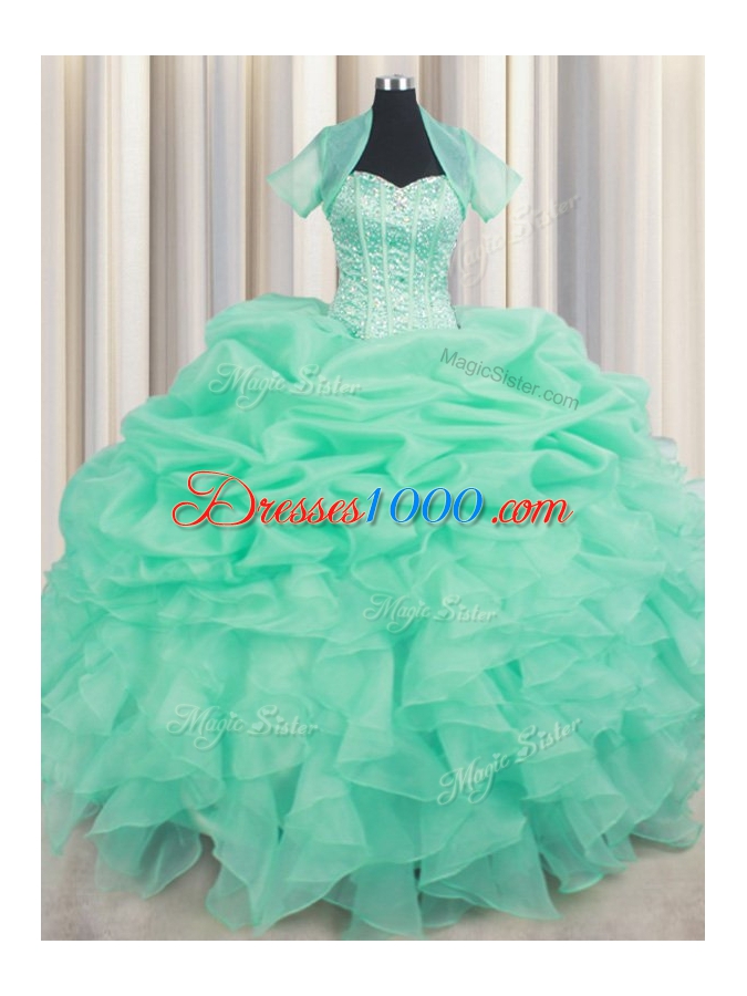 Apple Green Sweetheart Neckline Beading and Ruffles and Pick Ups Quinceanera Gowns Sleeveless Lace Up