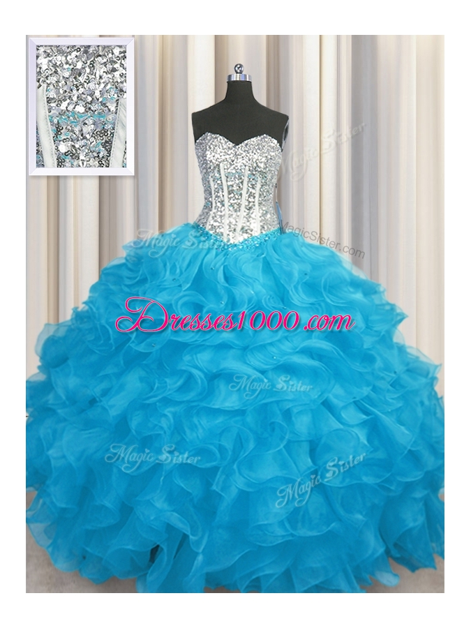 Aqua Blue Sweetheart Neckline Beading and Ruffles 15th Birthday Dress Long Sleeves Lace Up