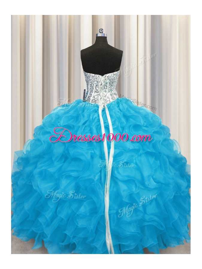 Aqua Blue Sweetheart Neckline Beading and Ruffles 15th Birthday Dress Long Sleeves Lace Up