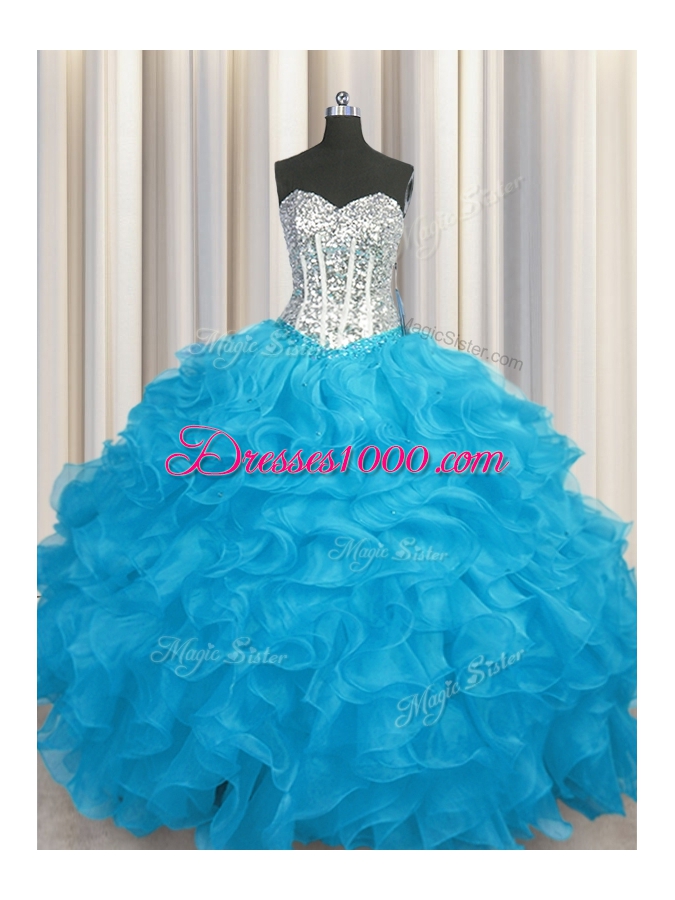 Aqua Blue Sweetheart Neckline Beading and Ruffles 15th Birthday Dress Long Sleeves Lace Up