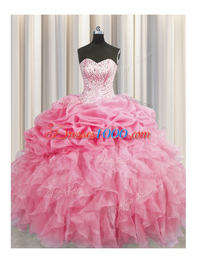 Custom Designed Visible Boning Floor Length Ball Gowns Sleeveless Rose Pink Quinceanera Dresses Lace Up