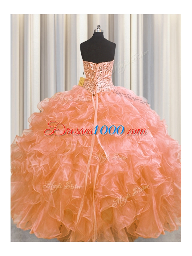 Custom Fit Visible Boning Orange Strapless Neckline Beading and Ruffles 15th Birthday Dress Sleeveless Lace Up