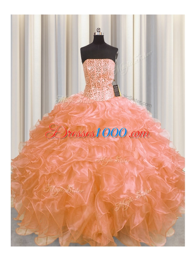 Custom Fit Visible Boning Orange Strapless Neckline Beading and Ruffles 15th Birthday Dress Sleeveless Lace Up