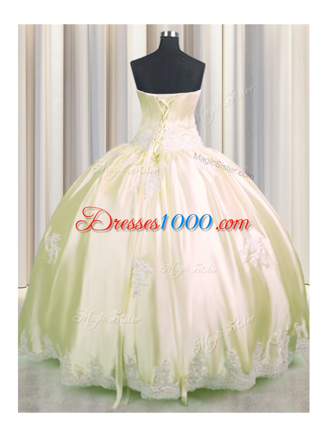 Decent Champagne Ball Gowns Strapless Sleeveless Taffeta Floor Length Lace Up Beading and Appliques 15 Quinceanera Dress