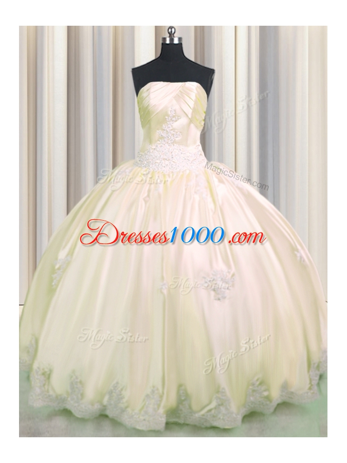 Decent Champagne Ball Gowns Strapless Sleeveless Taffeta Floor Length Lace Up Beading and Appliques 15 Quinceanera Dress