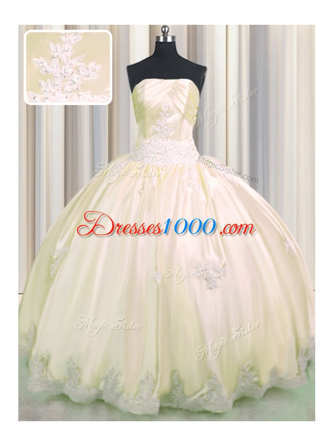 Decent Champagne Ball Gowns Strapless Sleeveless Taffeta Floor Length Lace Up Beading and Appliques 15 Quinceanera Dress