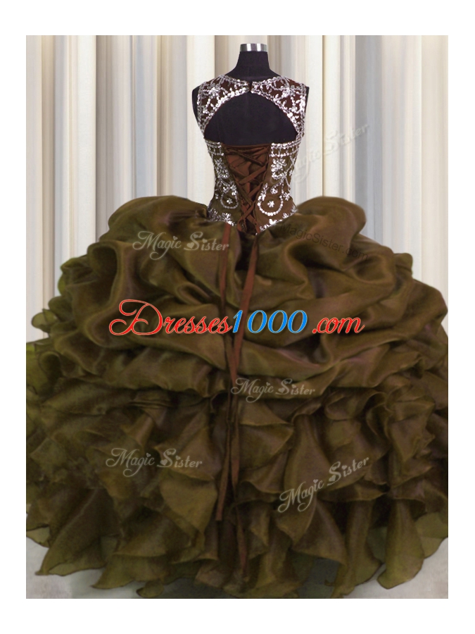 Delicate See Through Sweetheart Sleeveless Lace Up Sweet 16 Quinceanera Dress Brown Organza