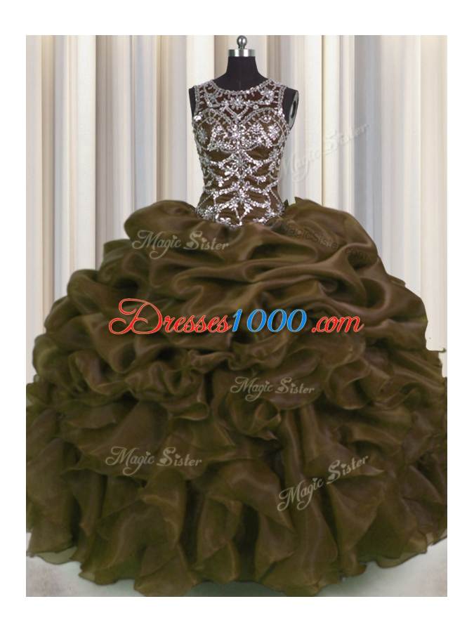 Delicate See Through Sweetheart Sleeveless Lace Up Sweet 16 Quinceanera Dress Brown Organza