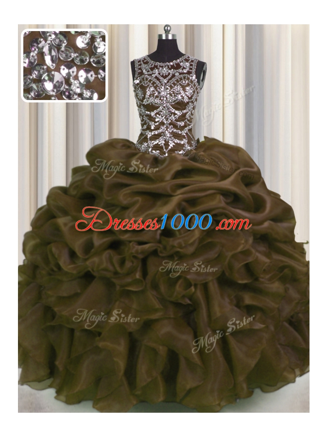 Delicate See Through Sweetheart Sleeveless Lace Up Sweet 16 Quinceanera Dress Brown Organza