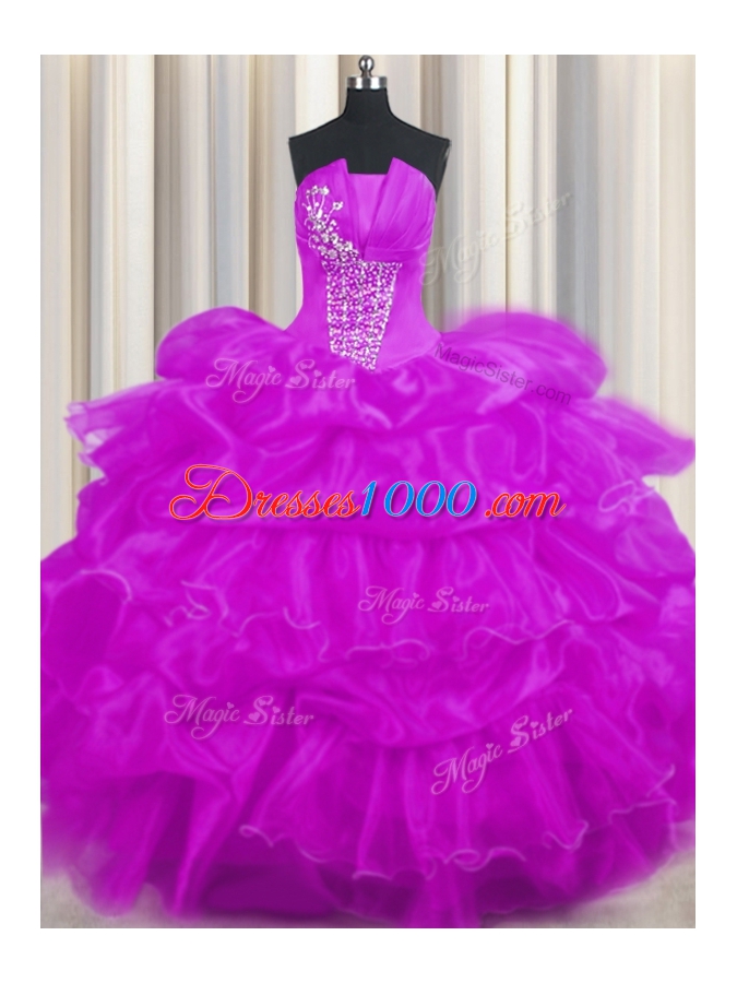 Dramatic Organza Sleeveless Floor Length Quince Ball Gowns and Beading and Ruffled Layers and Pick Ups
