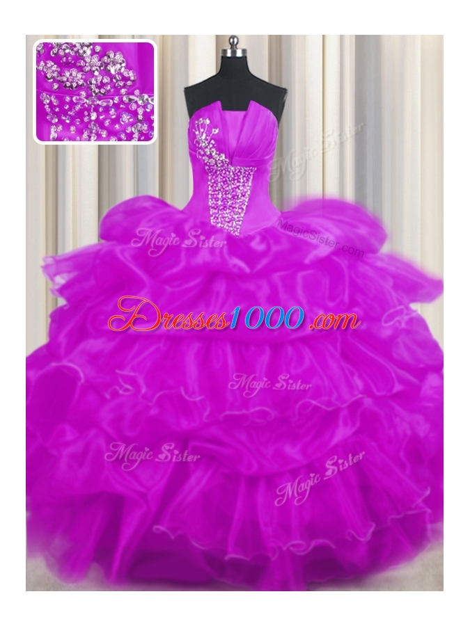 Dramatic Organza Sleeveless Floor Length Quince Ball Gowns and Beading and Ruffled Layers and Pick Ups