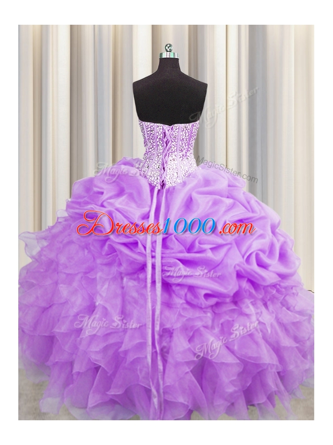 Fashion Pick Ups Visible Boning Sweetheart Sleeveless Lace Up Quinceanera Gowns Purple Organza