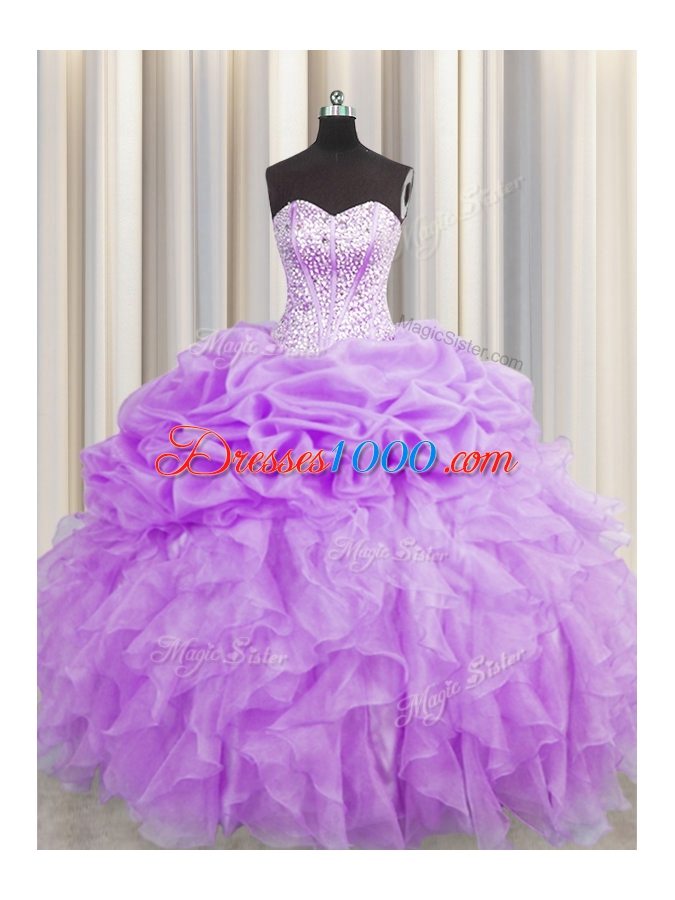 Fashion Pick Ups Visible Boning Sweetheart Sleeveless Lace Up Quinceanera Gowns Purple Organza
