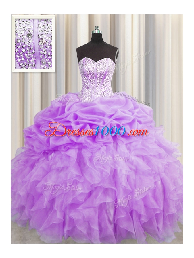 Fashion Pick Ups Visible Boning Sweetheart Sleeveless Lace Up Quinceanera Gowns Purple Organza