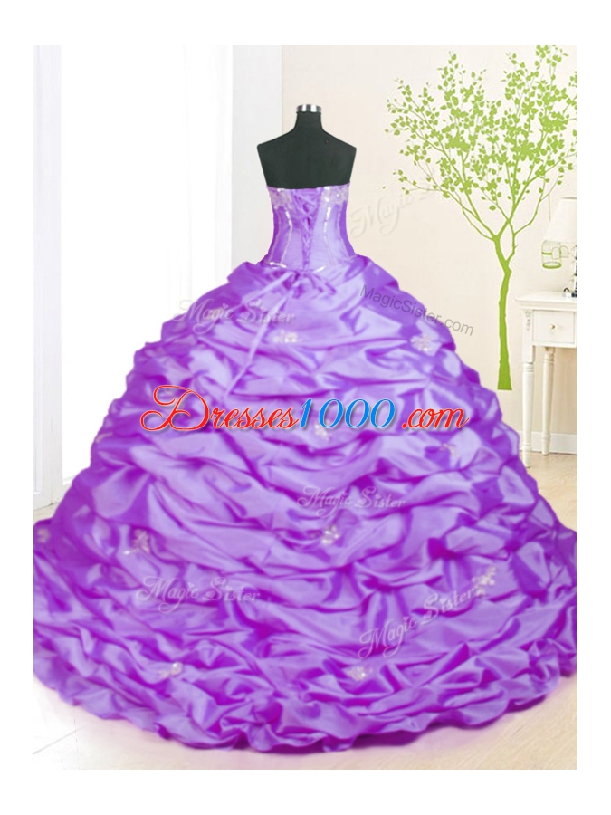 Flare Sleeveless Taffeta With Train Sweep Train Lace Up Vestidos de Quinceanera in Lavender for with Beading