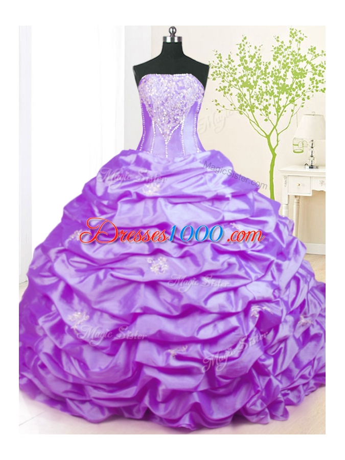 Flare Sleeveless Taffeta With Train Sweep Train Lace Up Vestidos de Quinceanera in Lavender for with Beading