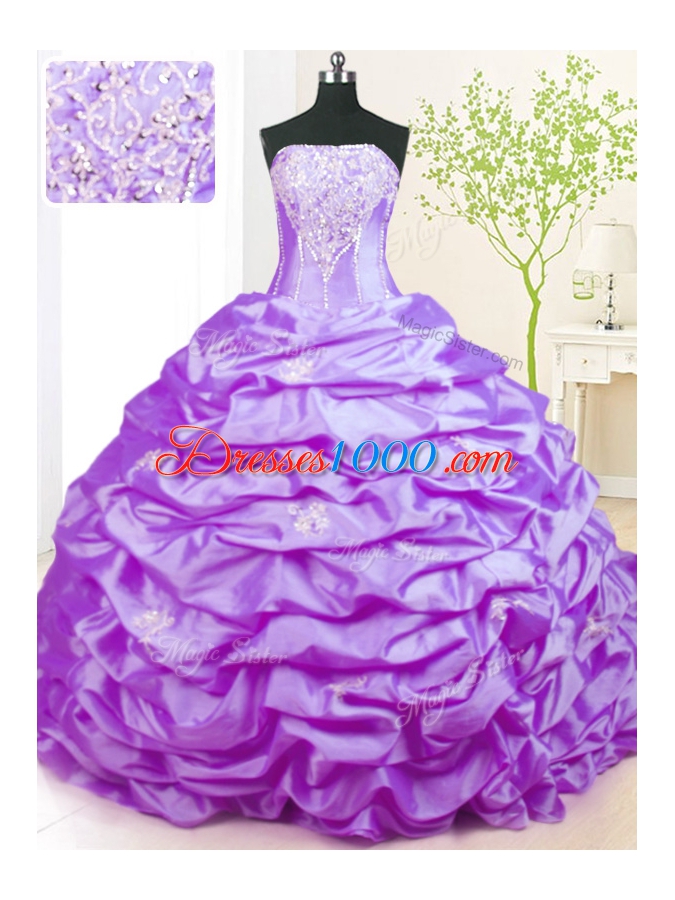 Flare Sleeveless Taffeta With Train Sweep Train Lace Up Vestidos de Quinceanera in Lavender for with Beading