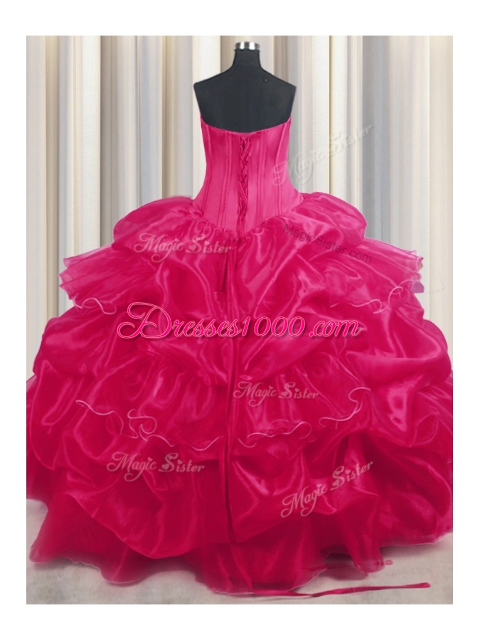 Hot Pink Lace Up Vestidos de Quinceanera Beading and Ruffled Layers and Pick Ups Sleeveless Floor Length